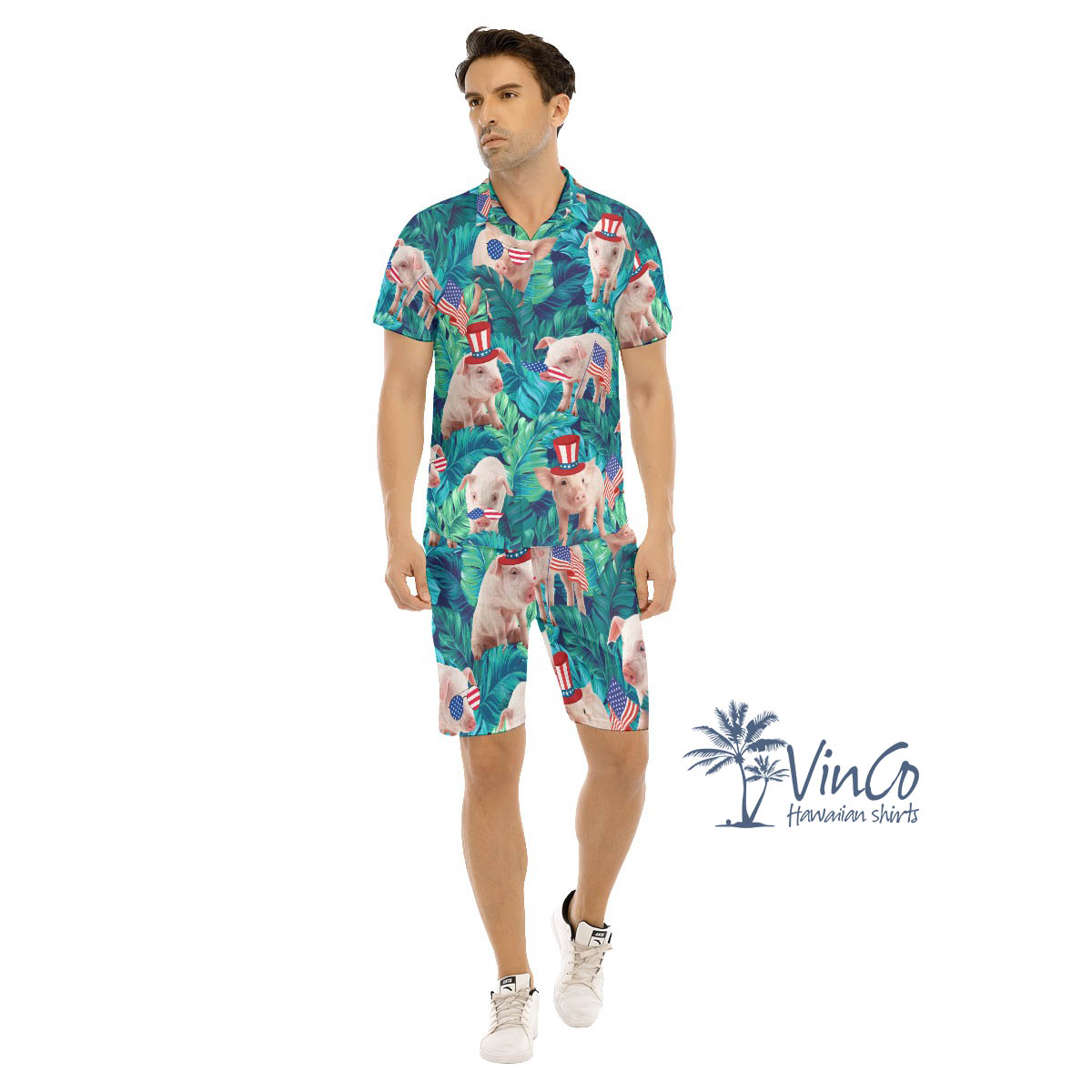 Funny Pig American Hat Tropical Leave Hawaiian Shirt And Matching Shorts For Men - variant image 1