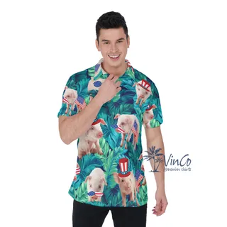 Tropical Pig Patriotic Hawaiian Polo Shirt For Men