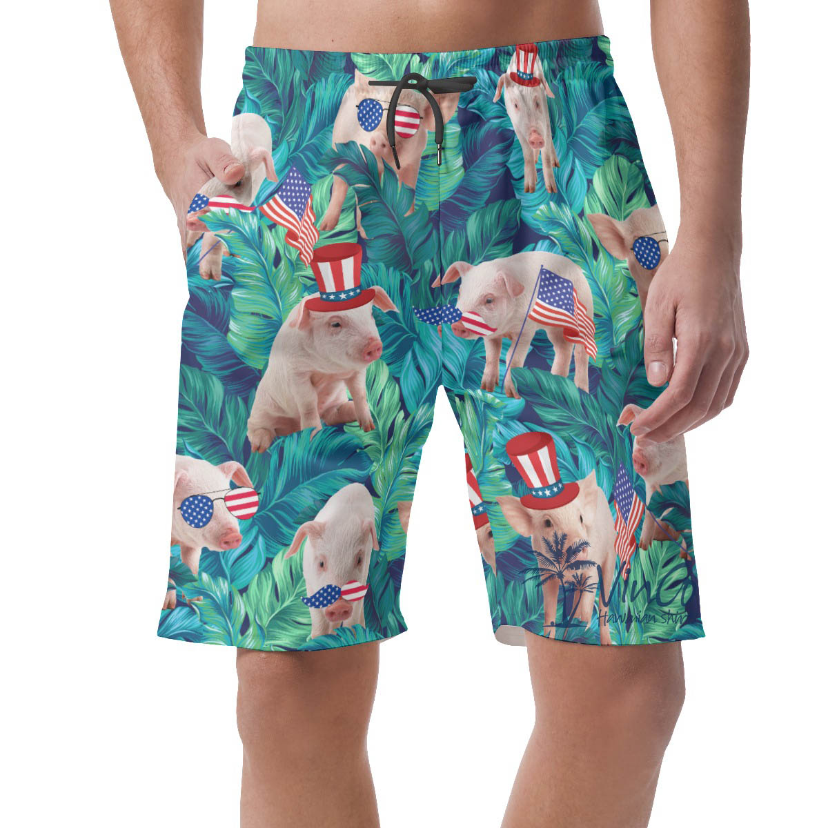 Patriotic Pig With American Hat Tropical Hawaiian Beach Shorts For Men - variant image 1