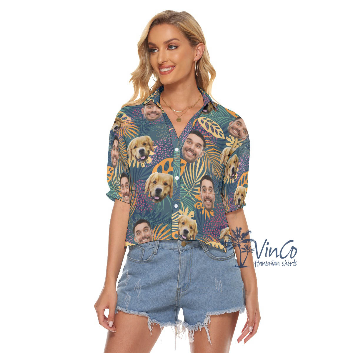 Custom 2 Faces V Neck Hawaiian Shirt For Women - variant image 1