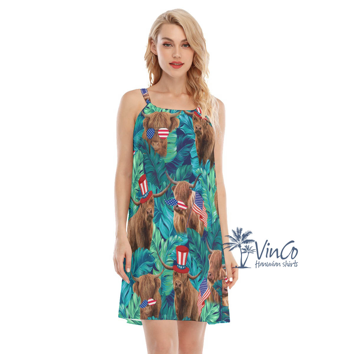 Funny Cow With American Hat Tropical Hawaiian Dresses For Women - variant image 1