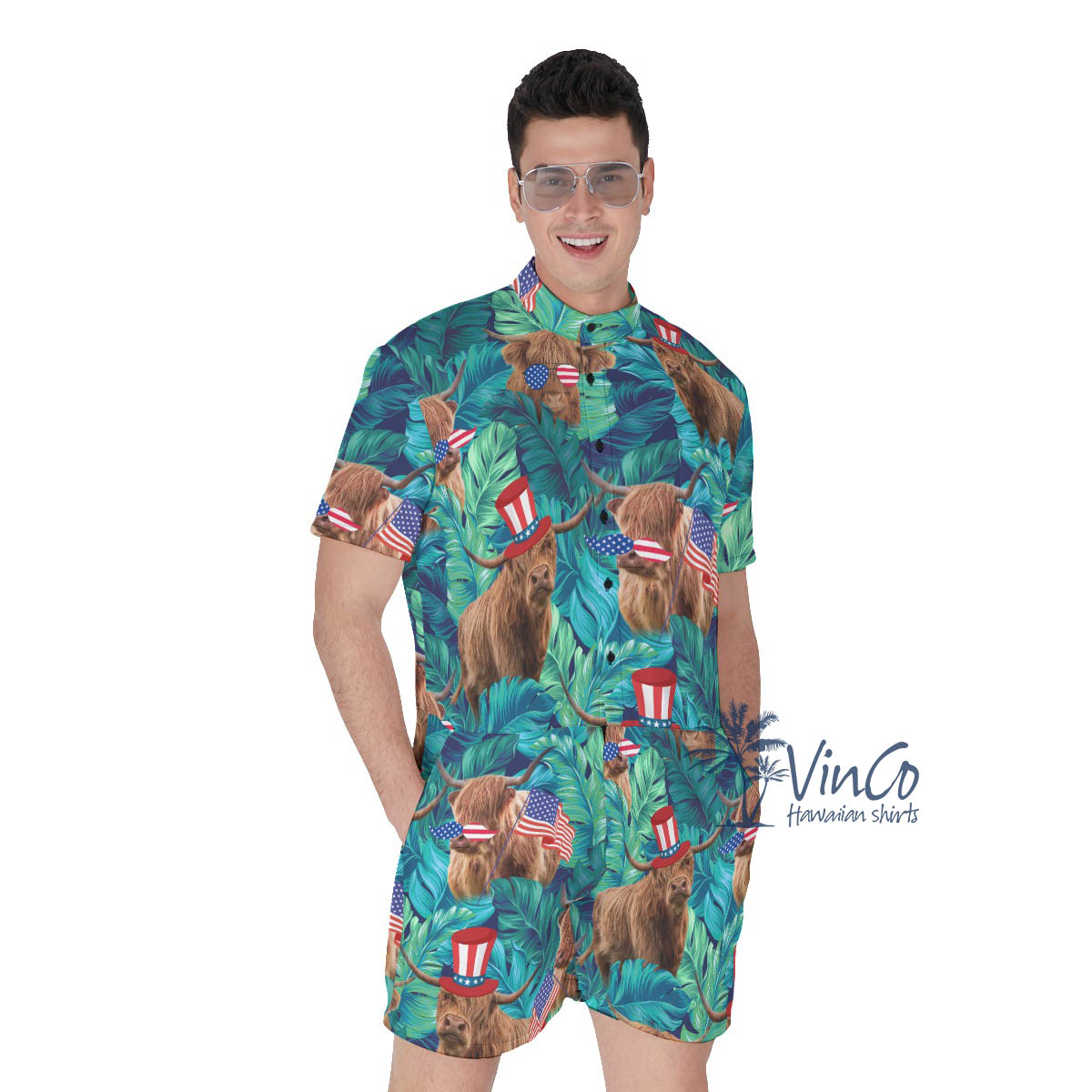 Funny Cow Patriotic Tropical Hawaiian Romper - variant image 1