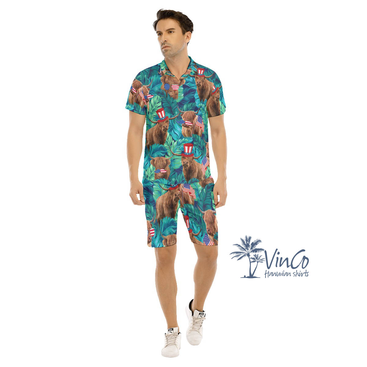 Set 4th Of July Cow Tropical Hawaiian Shirt And Matching Shorts For Men - variant image 1