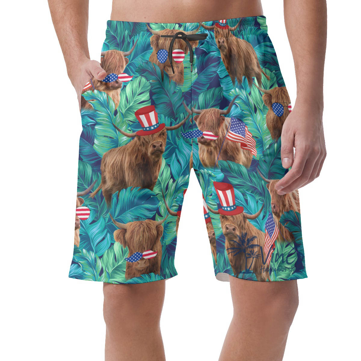 Funny Cow With American Hat Tropical Hawaiian Beach Shorts For Men - variant image 1