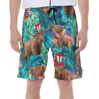 Funny Patriotic Cow American Hat Hawaiian Swim Trunks For Men