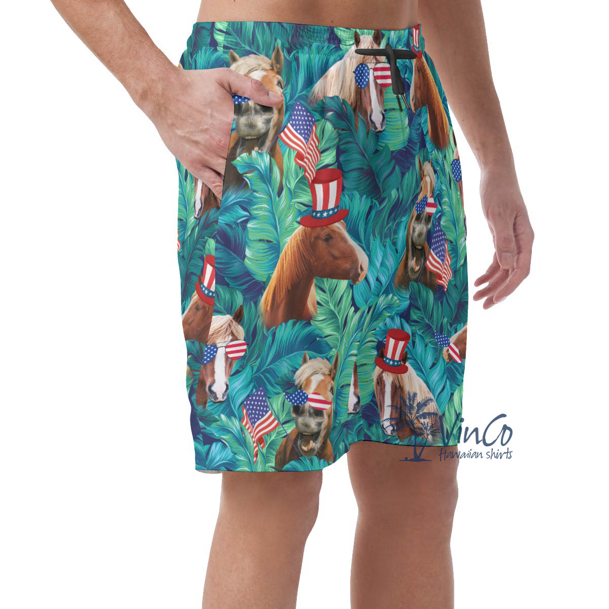 Tropical Horse Patriotic Men's Hawaiian Beach Shorts