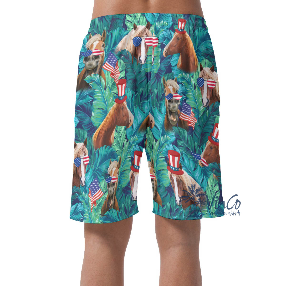 Tropical Horse Patriotic Men's Hawaiian Beach Shorts