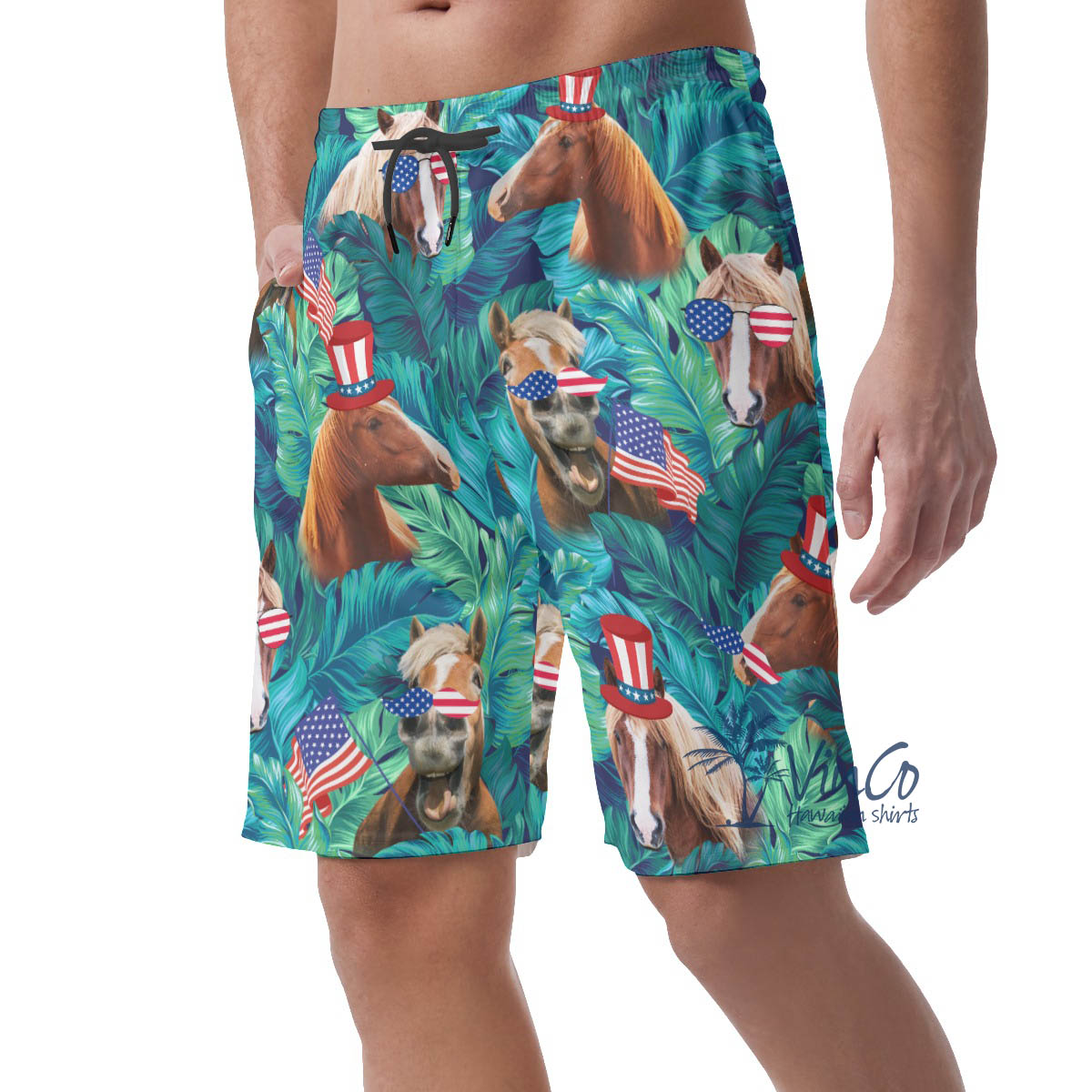 Tropical Horse Patriotic Men's Hawaiian Beach Shorts