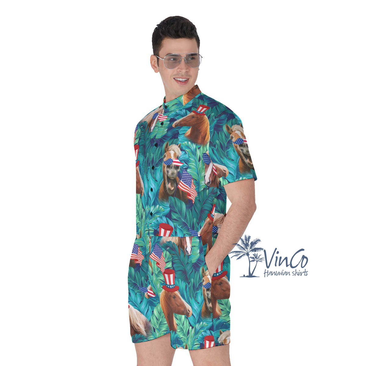 Funny Horse American Hat Tropical Hawaiian Romper For Men