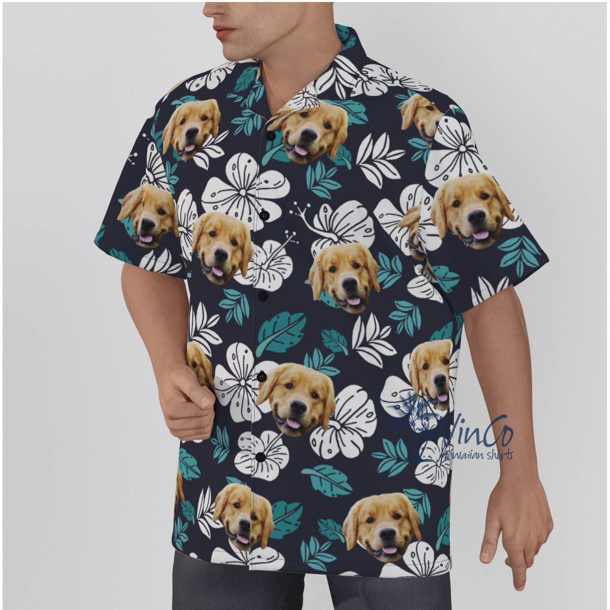 Floral Custom Dog Face Hawaiian Button Shirt For Men