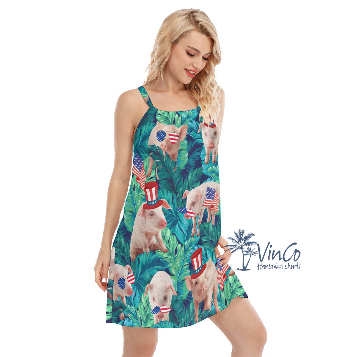 Funny Pig With American Hat Summer Hawaiian Dresses