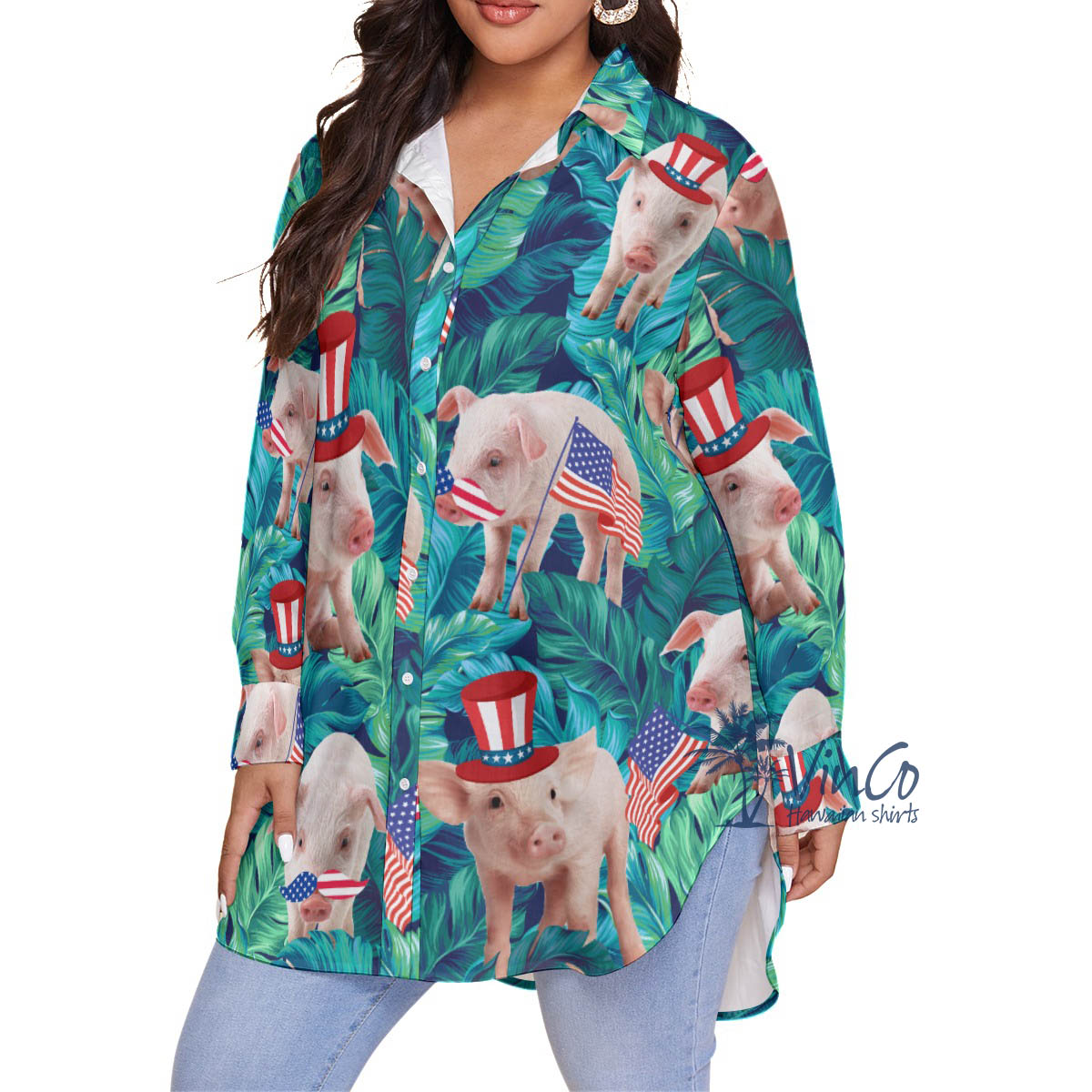 Funny Pig With American Hat Tropical Hawaiian Oversize Shirt For Women