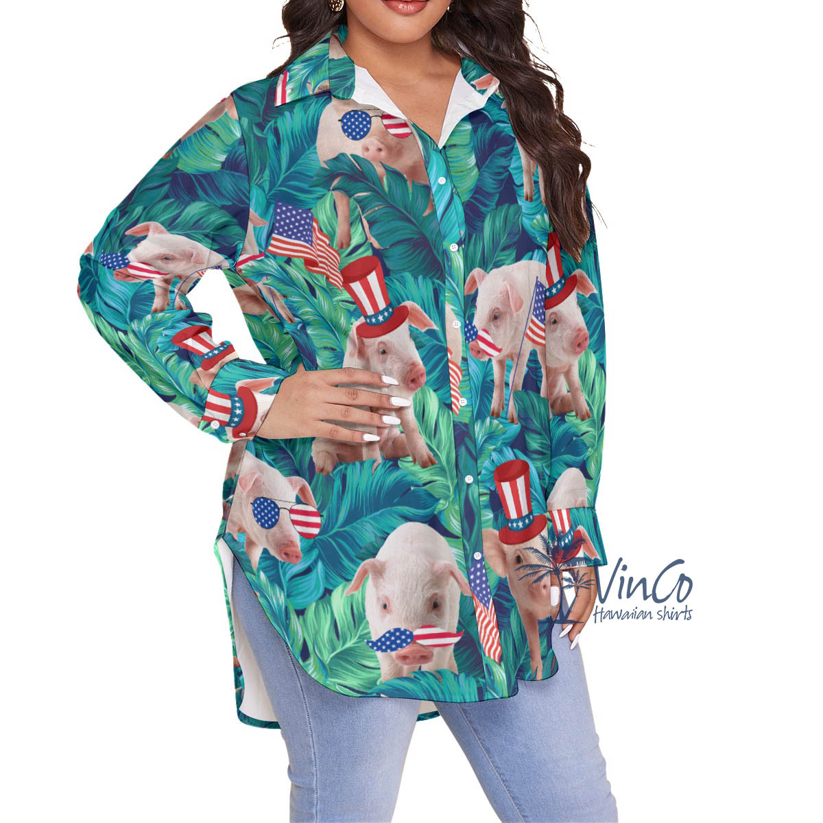 Funny Pig With American Hat Tropical Hawaiian Oversize Shirt For Women