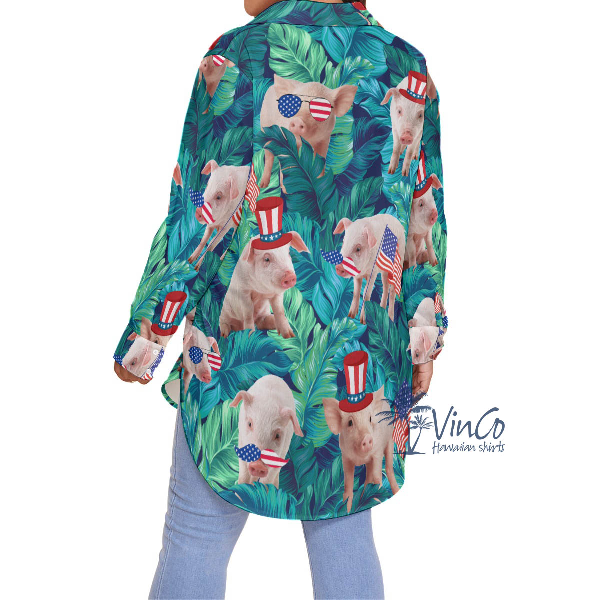 Funny Pig With American Hat Tropical Hawaiian Oversize Shirt For Women
