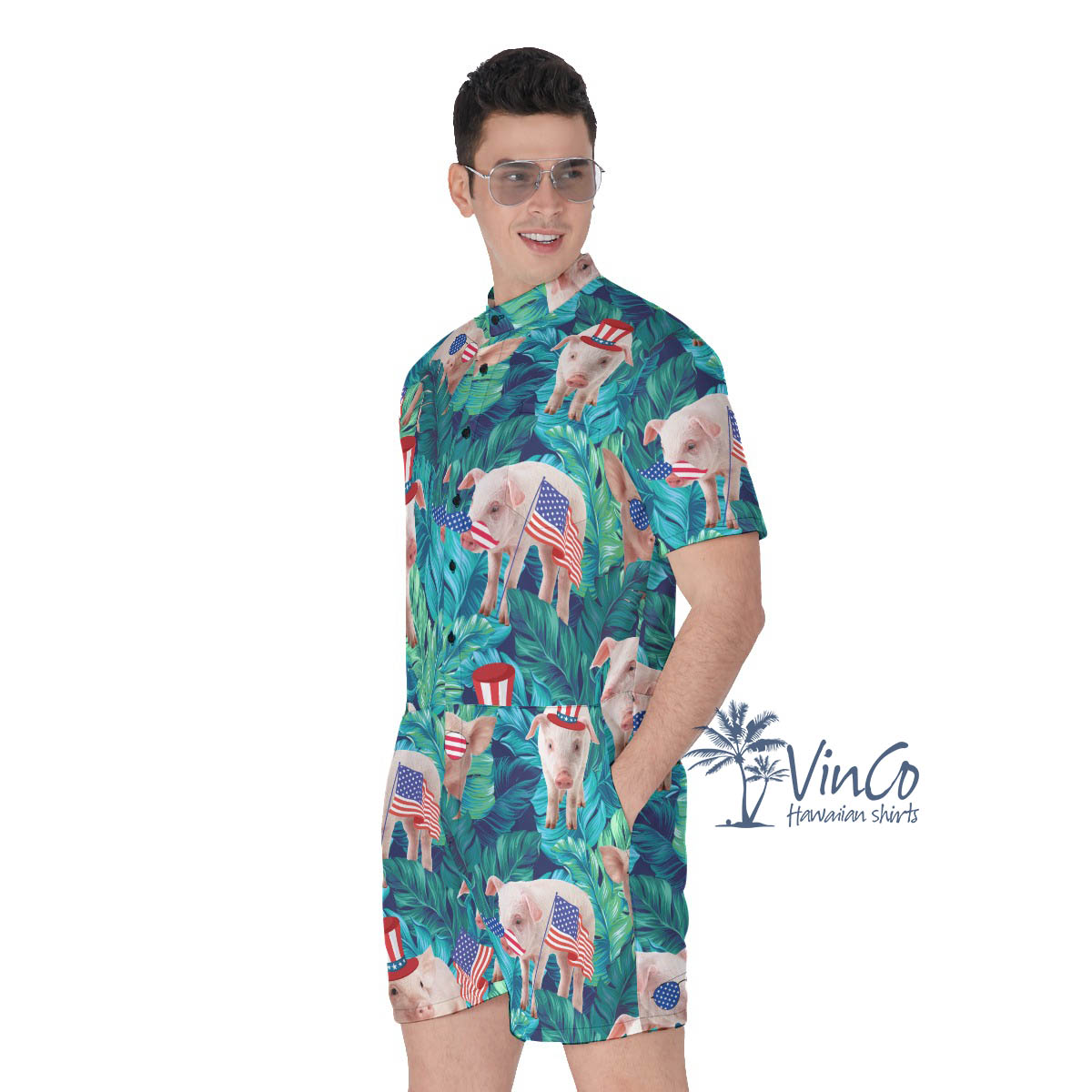 Funny Cow Patriotic Tropical Men's Hawaiian Romper