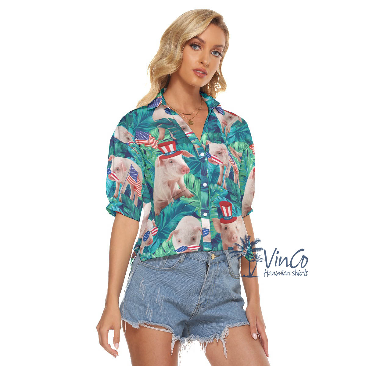Funny 4th Of July Pig Tropical Hawaiian Crop Top Shirt For Women