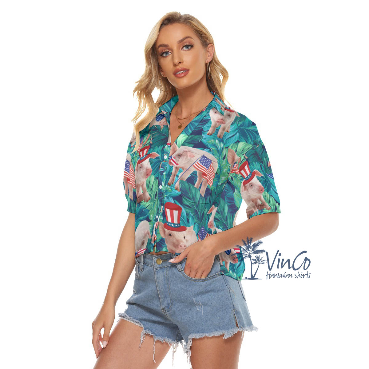 Funny 4th Of July Pig Tropical Hawaiian Crop Top Shirt For Women