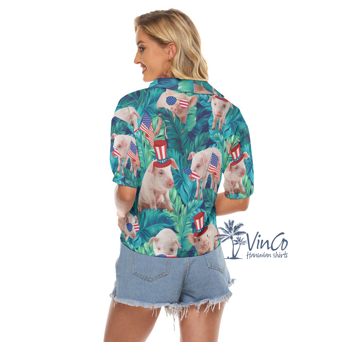 Funny 4th Of July Pig Tropical Hawaiian Crop Top Shirt For Women