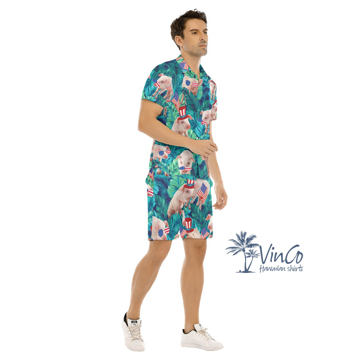 Funny Pig American Hat Tropical Leave Hawaiian Shirt And Matching Shorts For Men