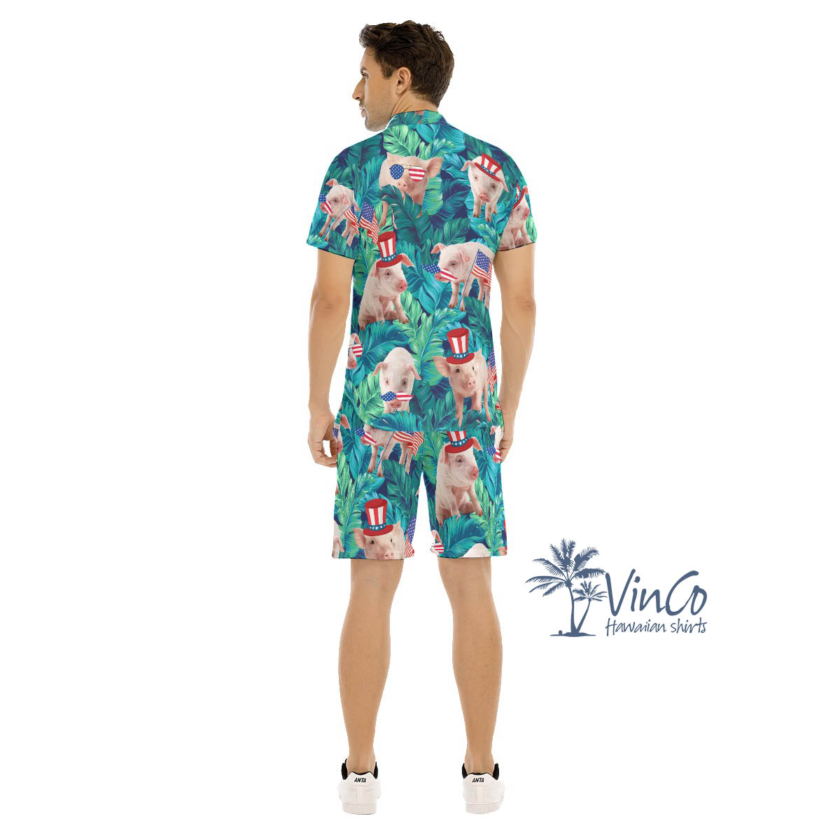 Funny Pig American Hat Tropical Leave Hawaiian Shirt And Matching Shorts For Men