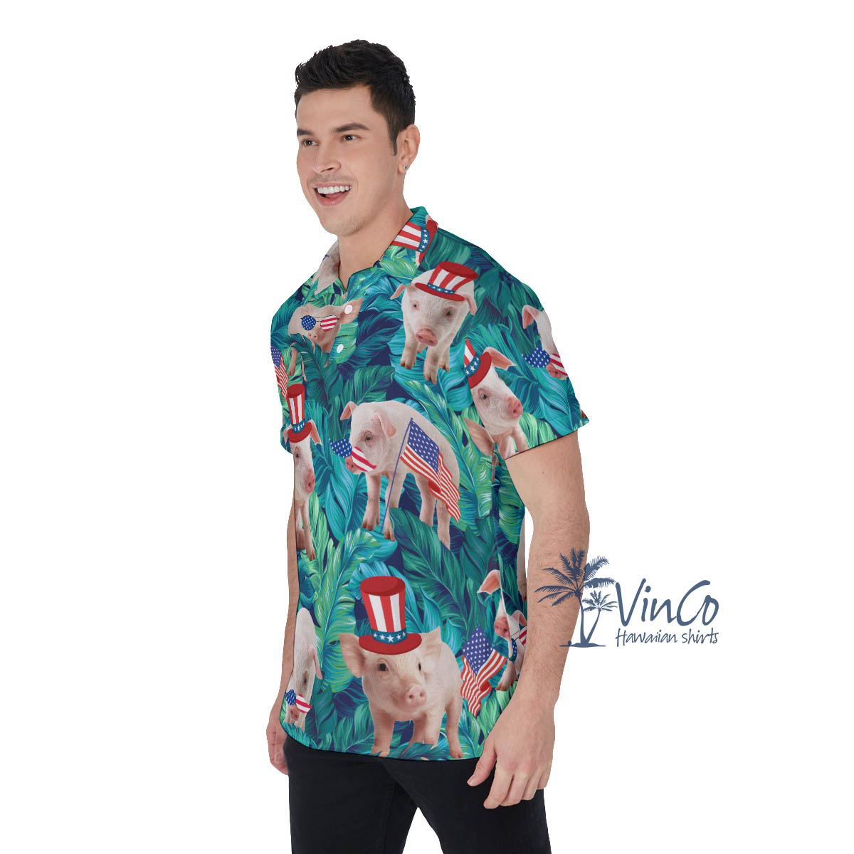 Tropical Pig Patriotic Hawaiian Polo Shirt For Men