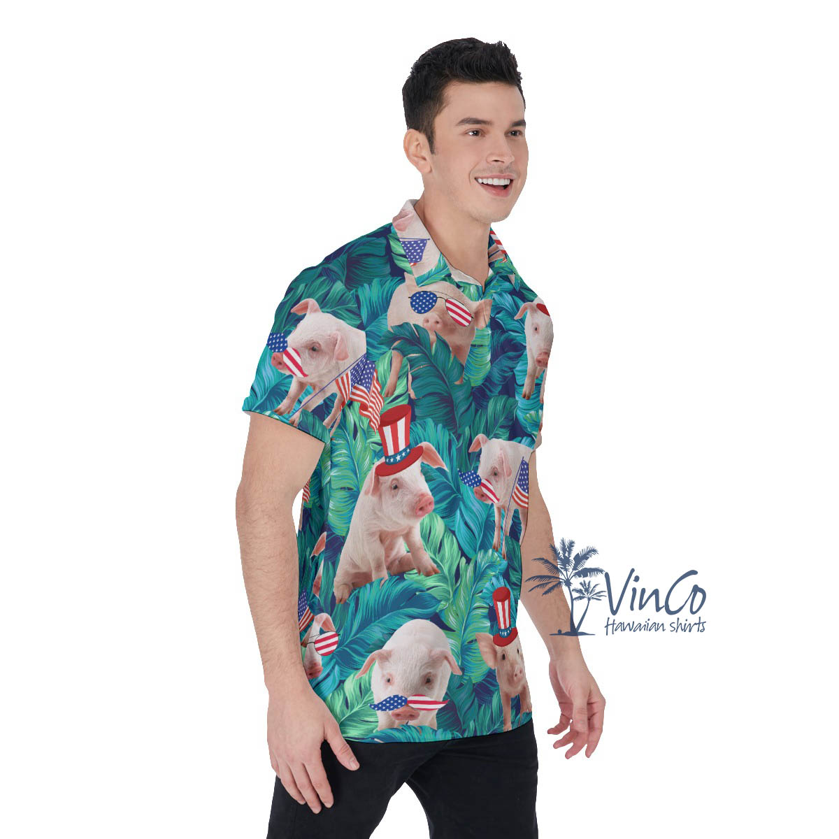 Tropical Pig Patriotic Hawaiian Polo Shirt For Men