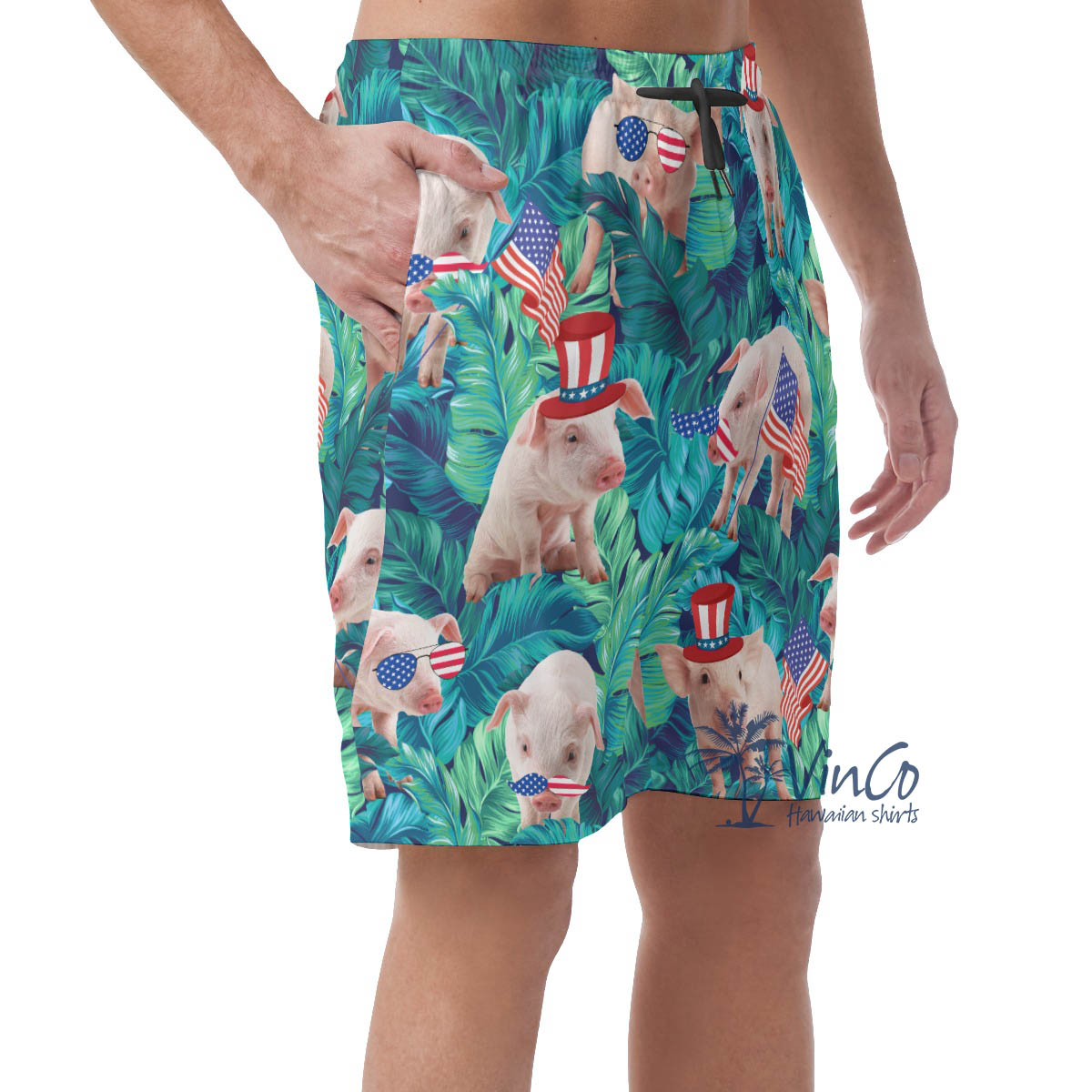 Patriotic Pig With American Hat Tropical Hawaiian Beach Shorts For Men