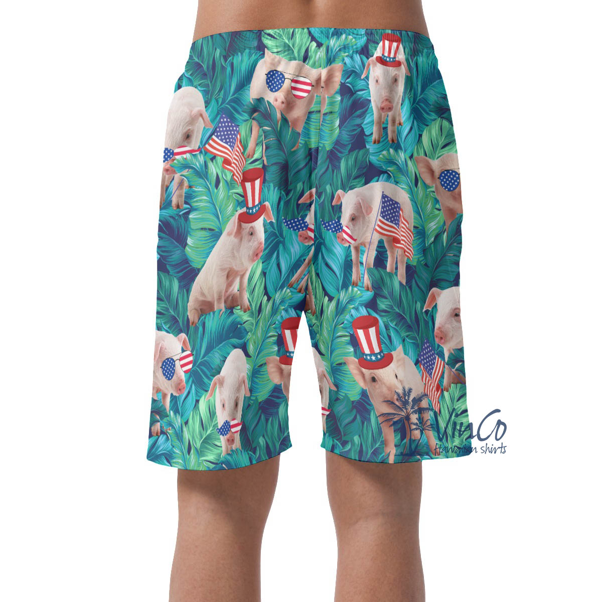 Patriotic Pig With American Hat Tropical Hawaiian Beach Shorts For Men