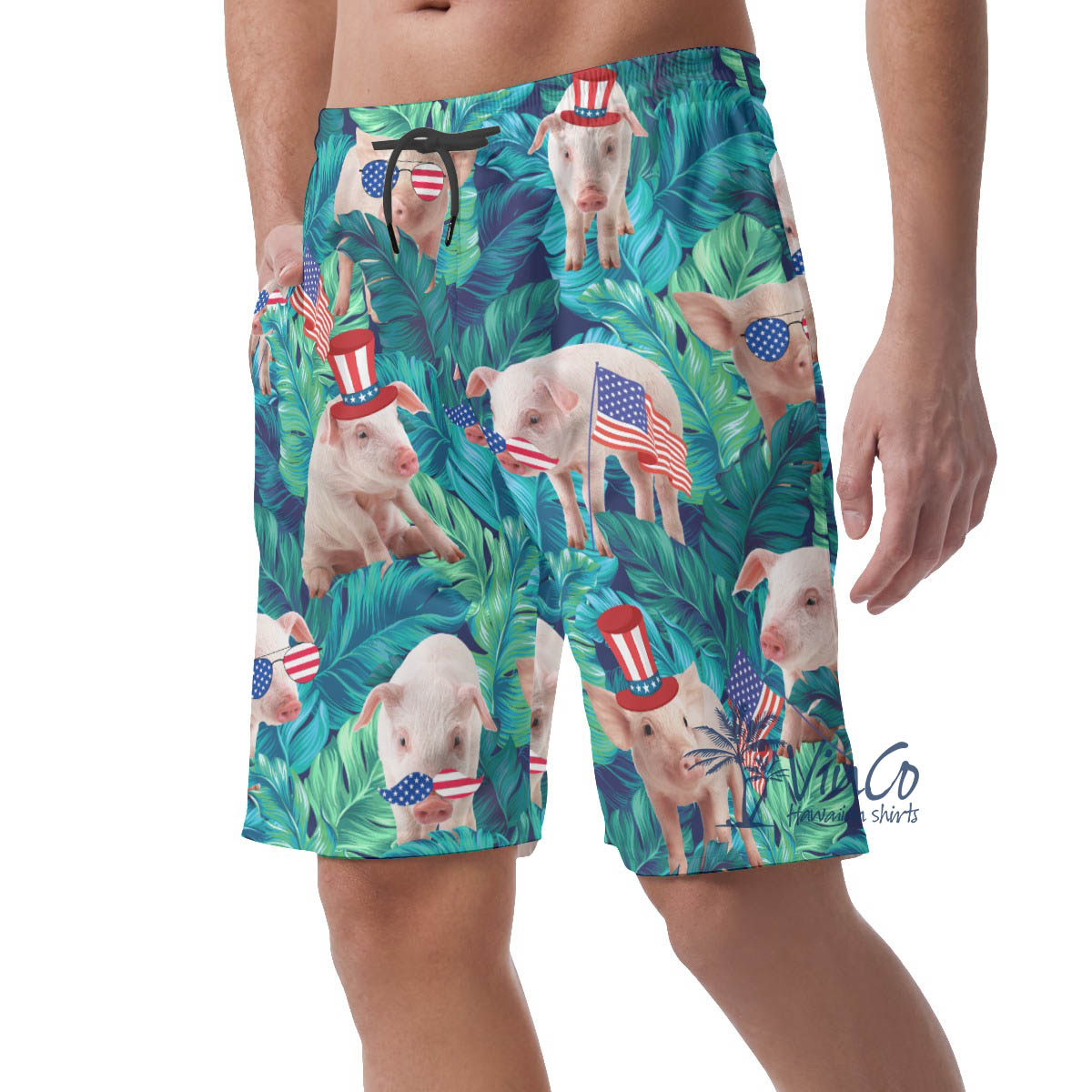 Patriotic Pig With American Hat Tropical Hawaiian Beach Shorts For Men