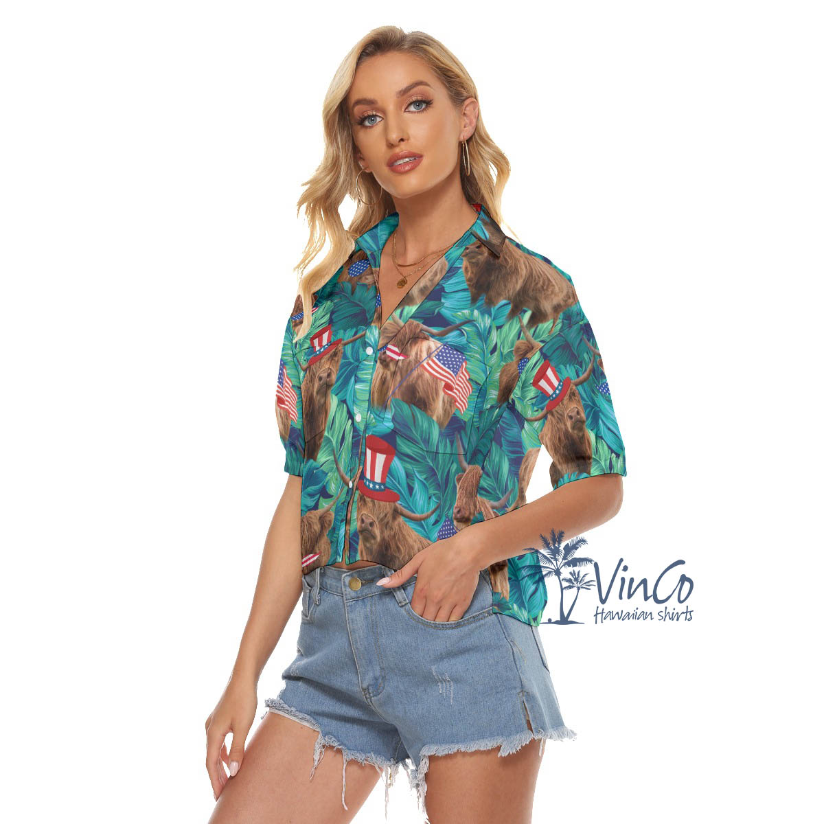 Tropical Cow With American Hat Hawaiian Cropped Shirt For Women