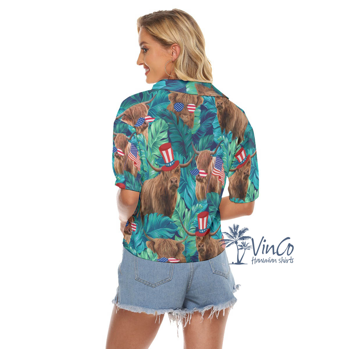 Tropical Cow With American Hat Hawaiian Cropped Shirt For Women