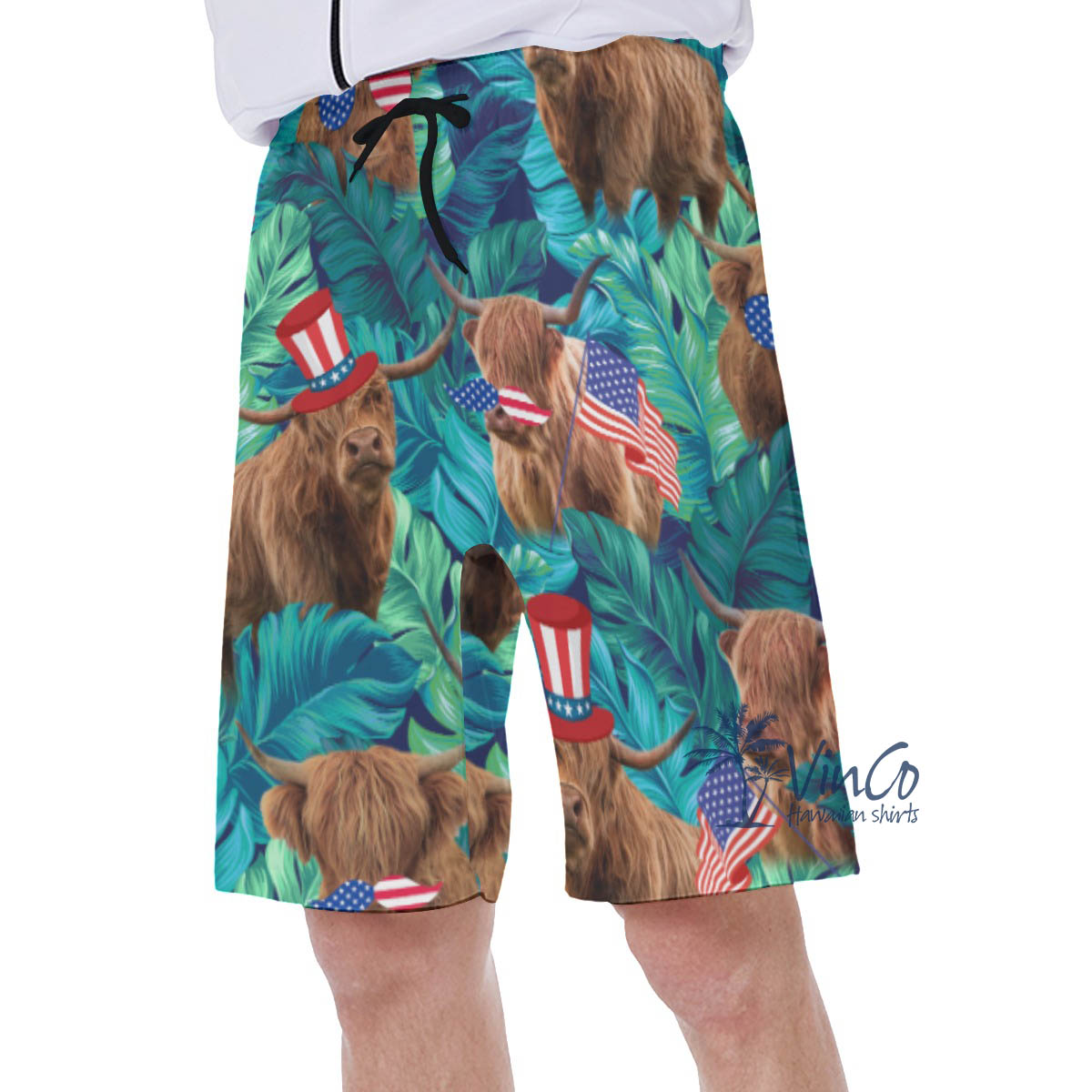 Funny Patriotic Cow American Hat Hawaiian Swim Trunks For Men