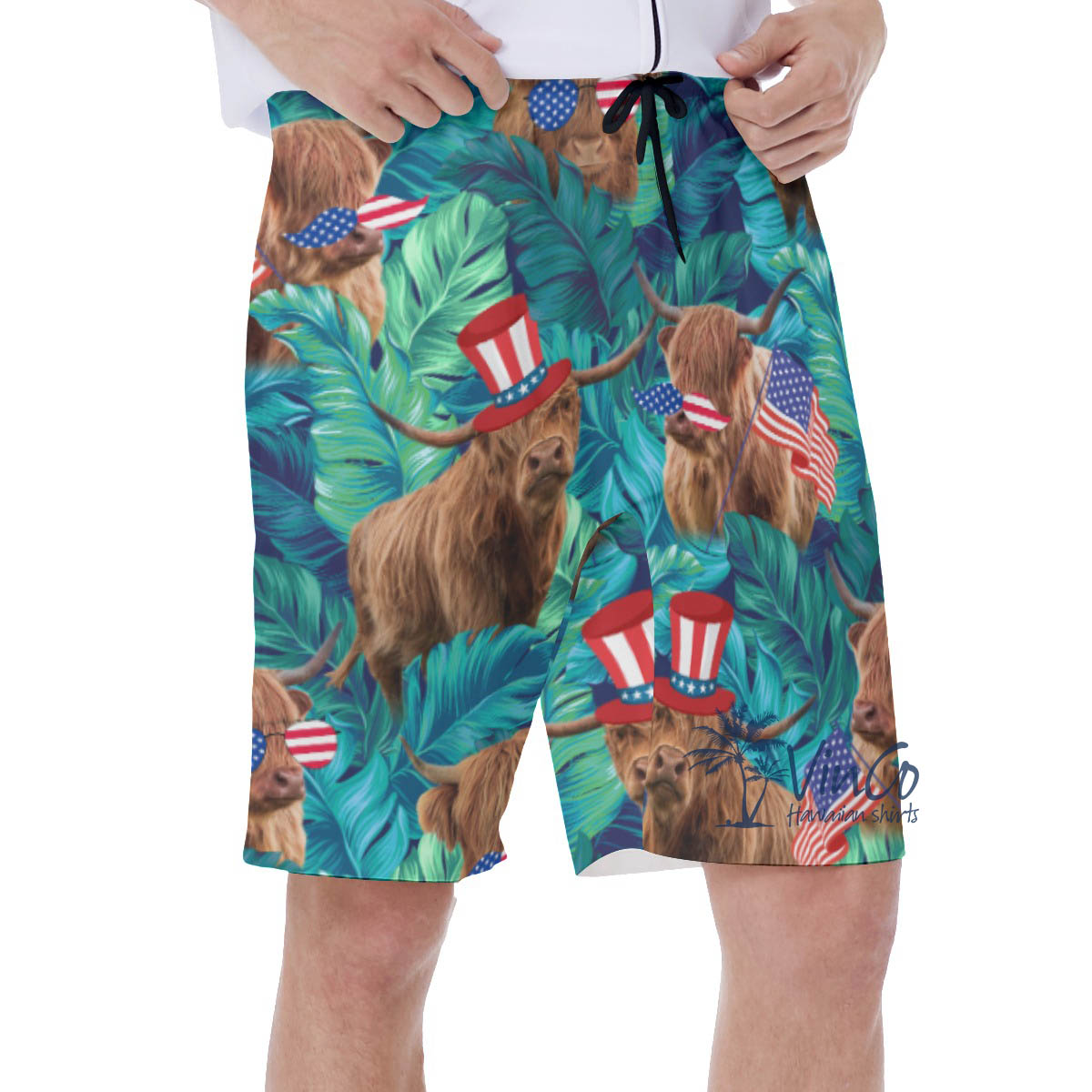 Funny Patriotic Cow American Hat Hawaiian Swim Trunks For Men