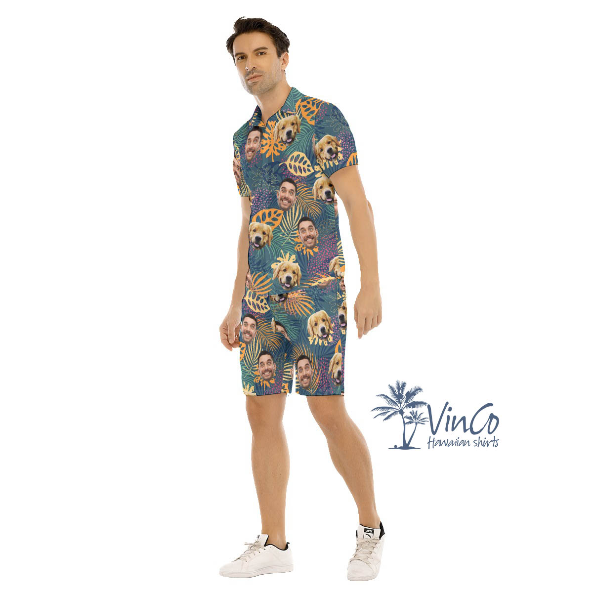 Personalized Dog Face Photo With Human Hawaiian Shirt Set For Men