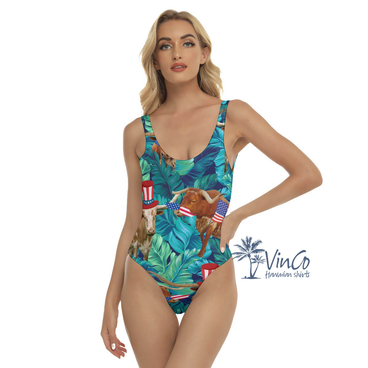 Funny Texas Longhorn With American Hat Hawaiian Swimsuit For Women - variant image 1