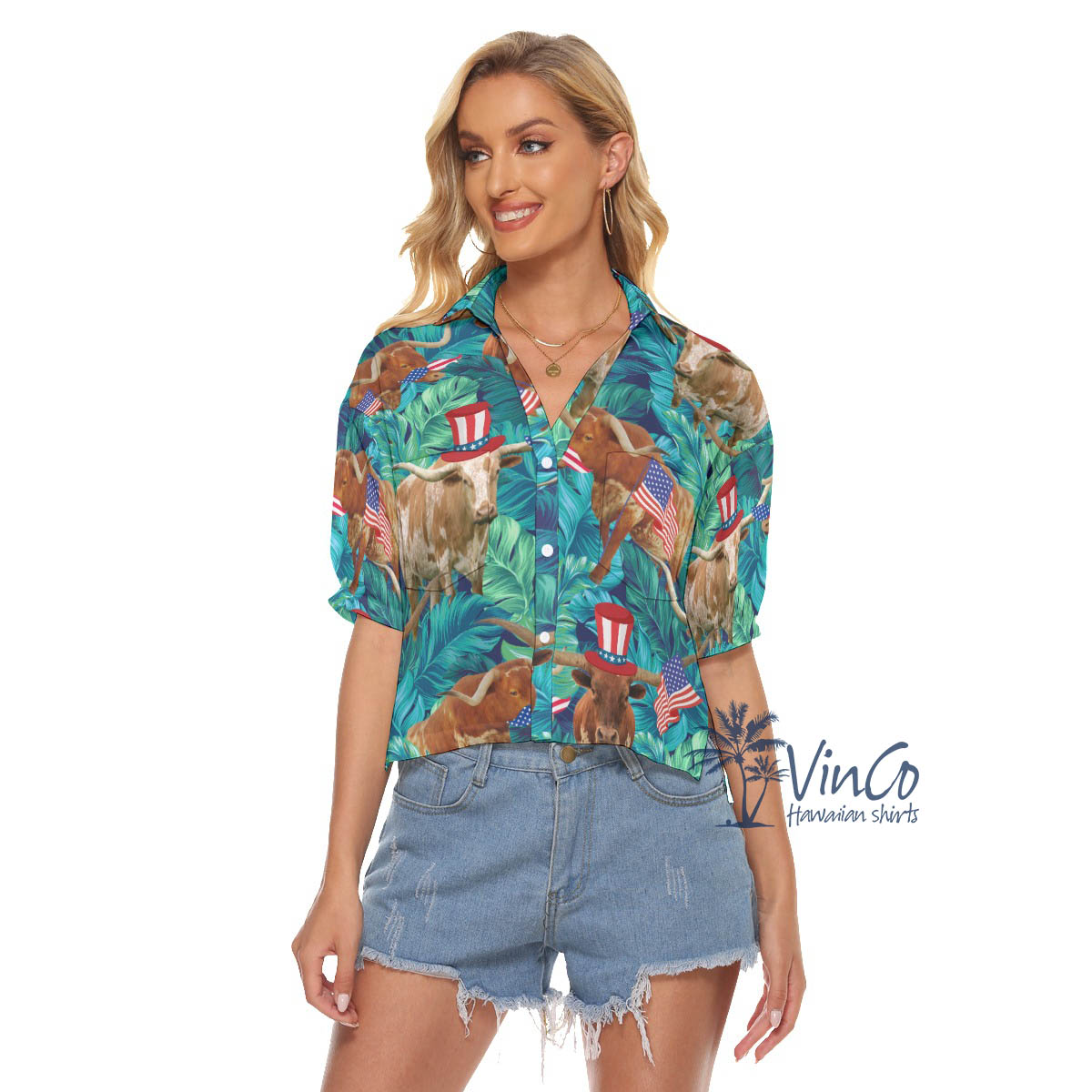 Funny Longhorn Texas With American Hat Aloha Cropped Shirt For Women - variant image 1