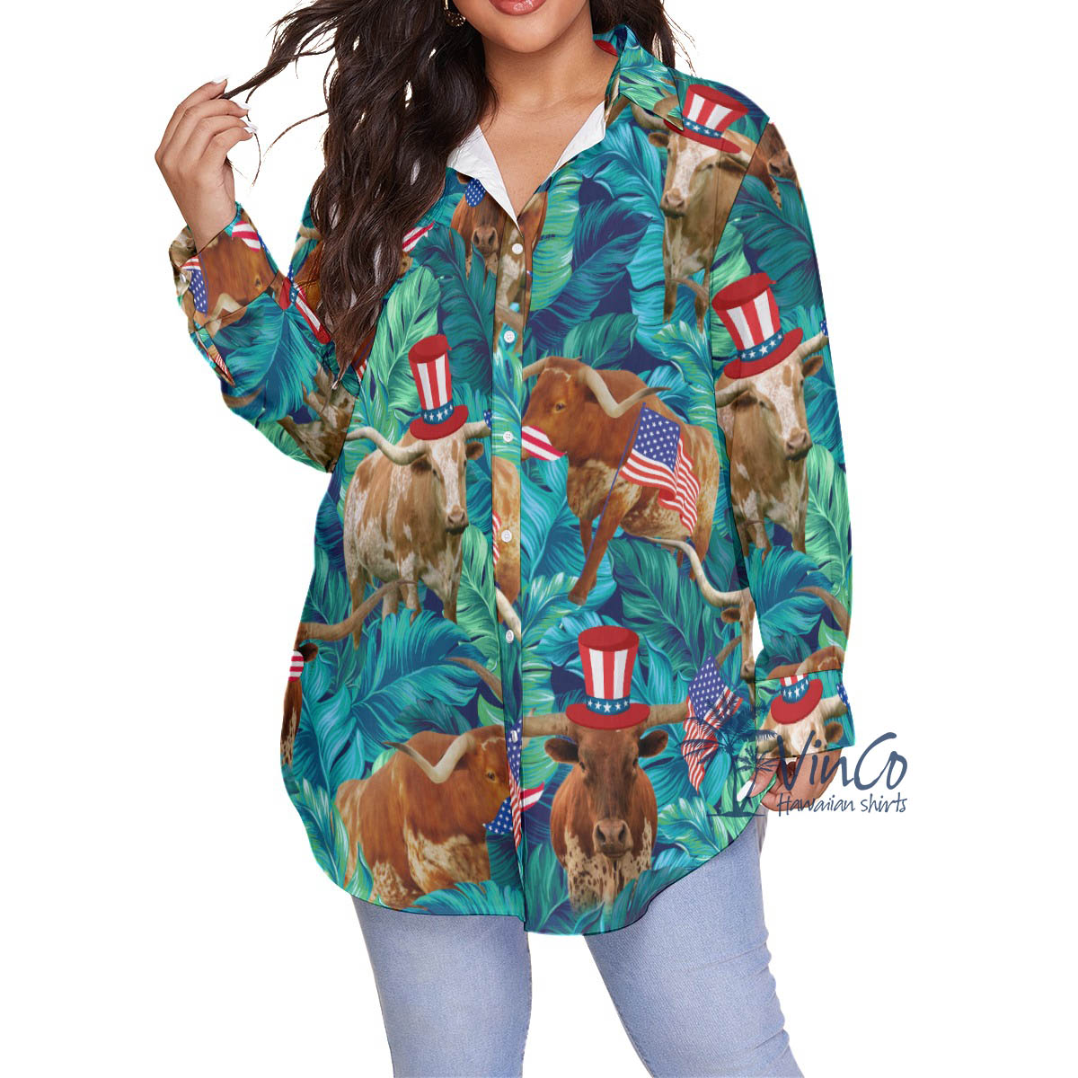Funny Texas Longhorn Cow American Hat Hawaiian Plus Size Shirt For Women - variant image 1