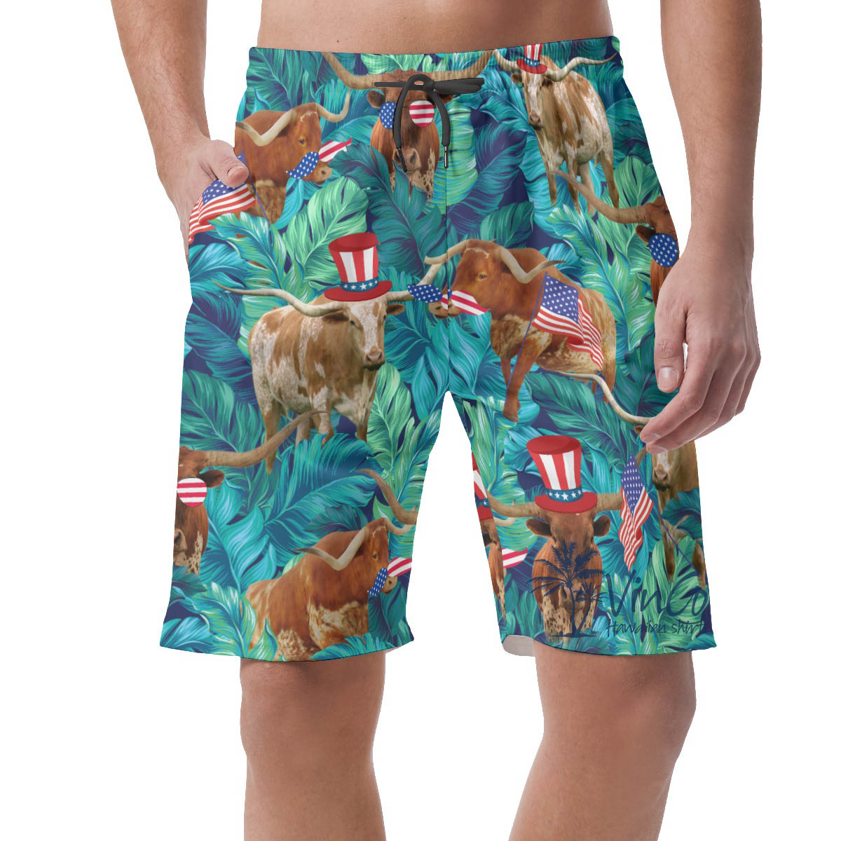 Funny Texas Longhorn American Hat Hawaiian Beach Shorts For Men - variant image 1