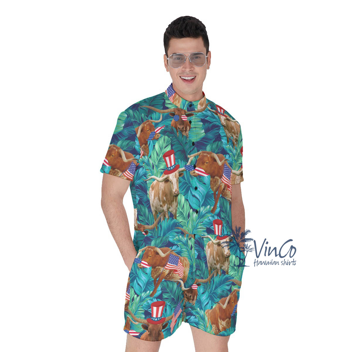 Tropical Longhorn Texas Patriotic Men's Hawaiian Romper - variant image 1