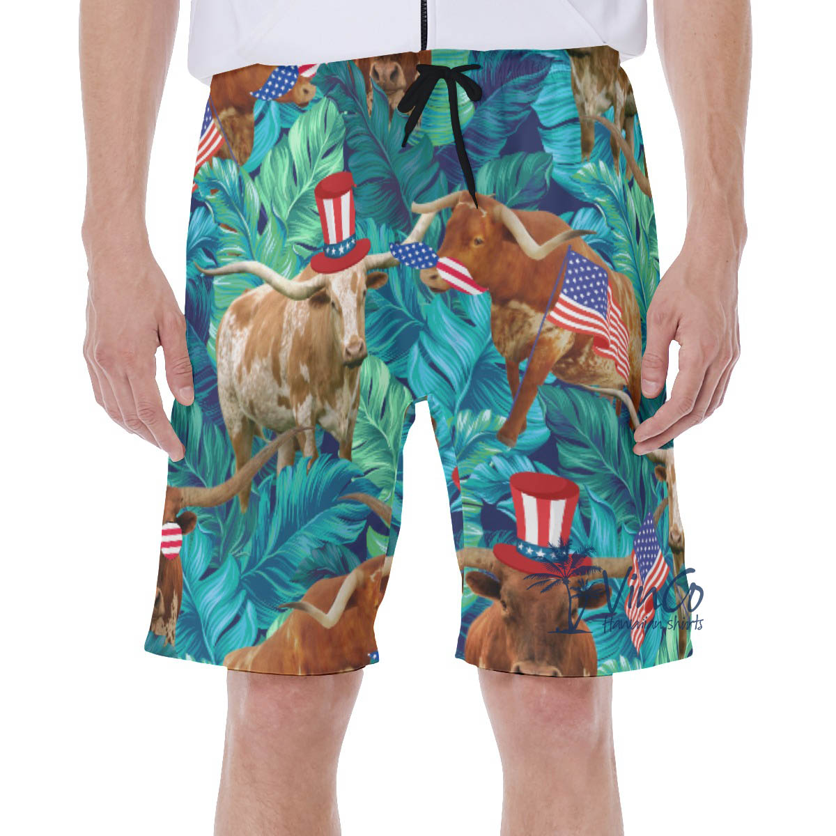 4th Of July Texas Longhorn Tropical Hawaiian Swim Trunks For Men - variant image 1