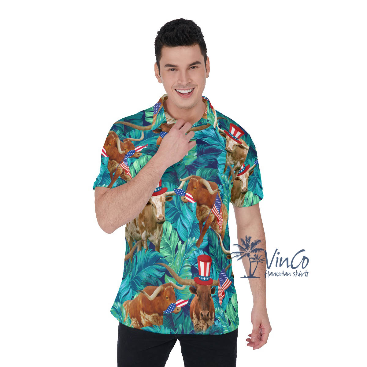 Tropical Longhorn With American Hat Hawaiian Polo Shirt For Men - variant image 1