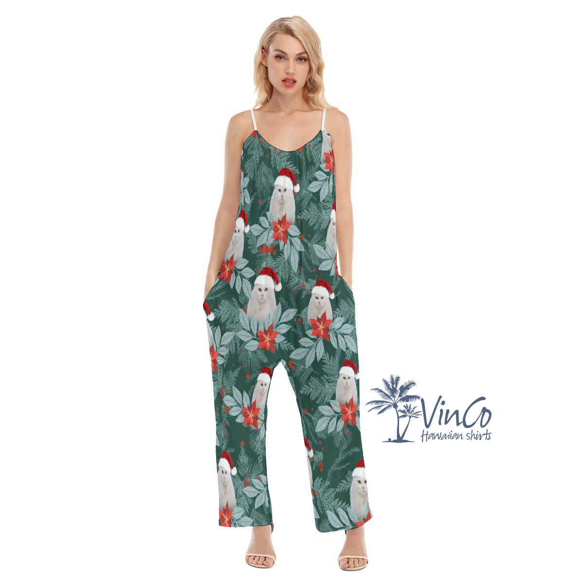 Unique Custom Photo Cat Face Christmas Jumpsuit For Women - variant image 1