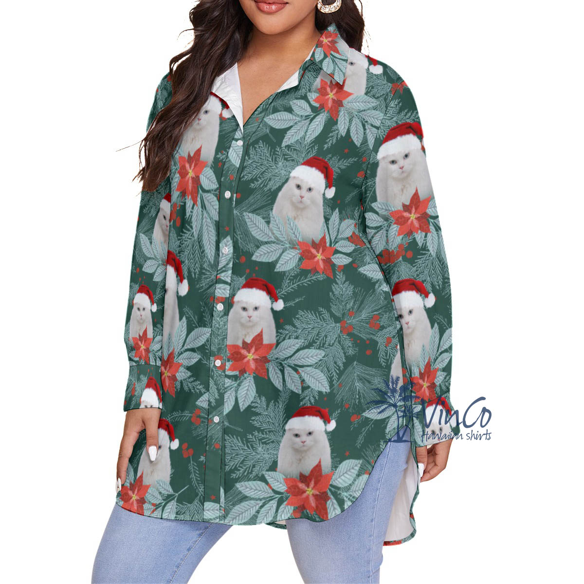 Custom Pet Photo Plus Size Christmas Hawaiian Shirt For Women - variant image 1
