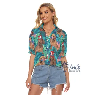 Tropical Dachshund American Flag 4th Of July Hawaiian Cropped Shirt