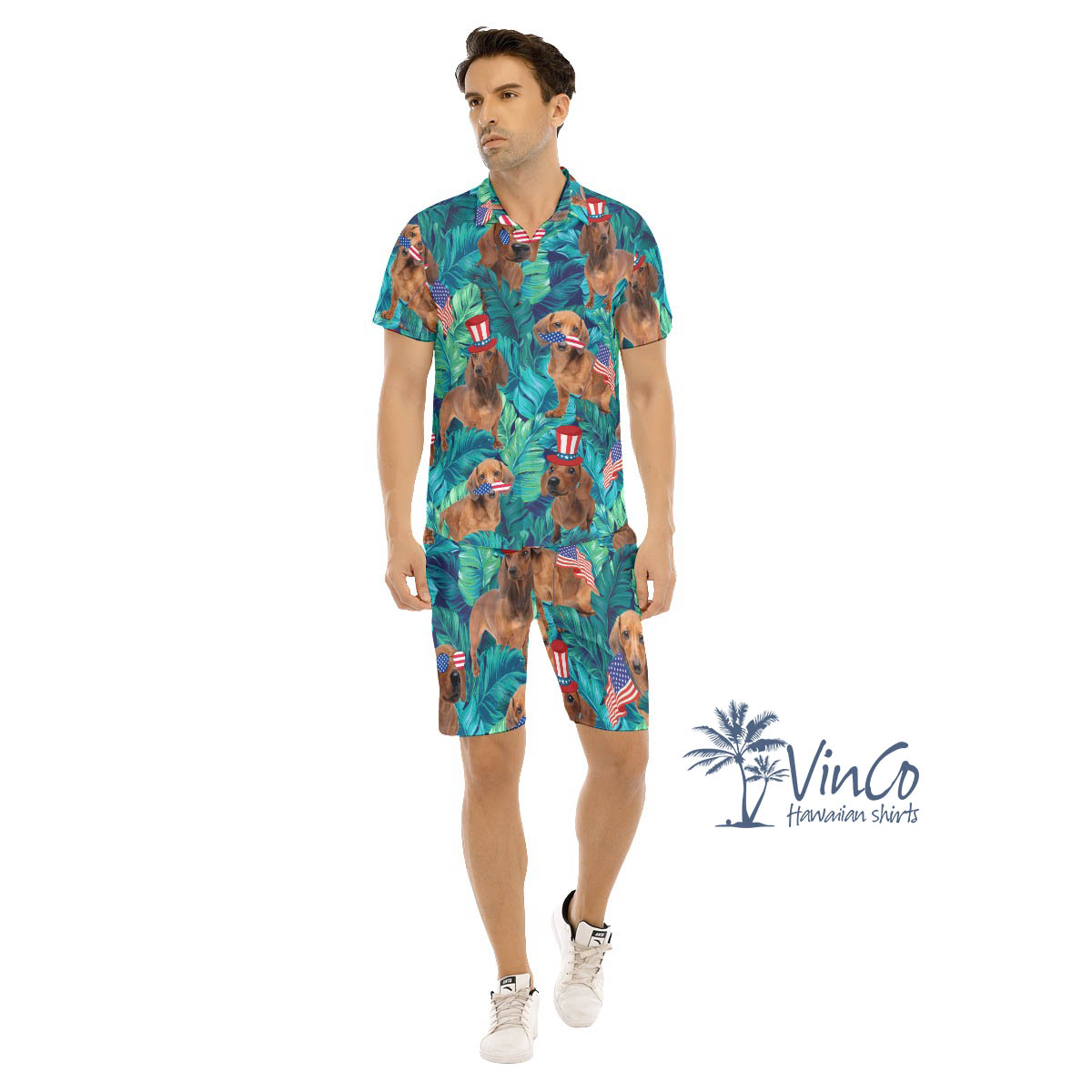 Set Dachshund Patriotic Tropical Hawaiian Shirt And Matching Shorts For Men - variant image 1