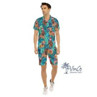 Set Dachshund Patriotic Tropical Hawaiian Shirt And Matching Shorts For Men