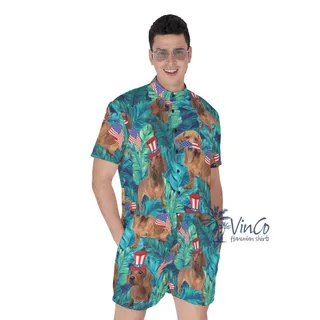 Funny Dachshund American Flag Patriotic Men's Hawaiian Romper