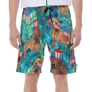 Tropical Dachshund With American Hat Hawaiian Swim Trunks For Men