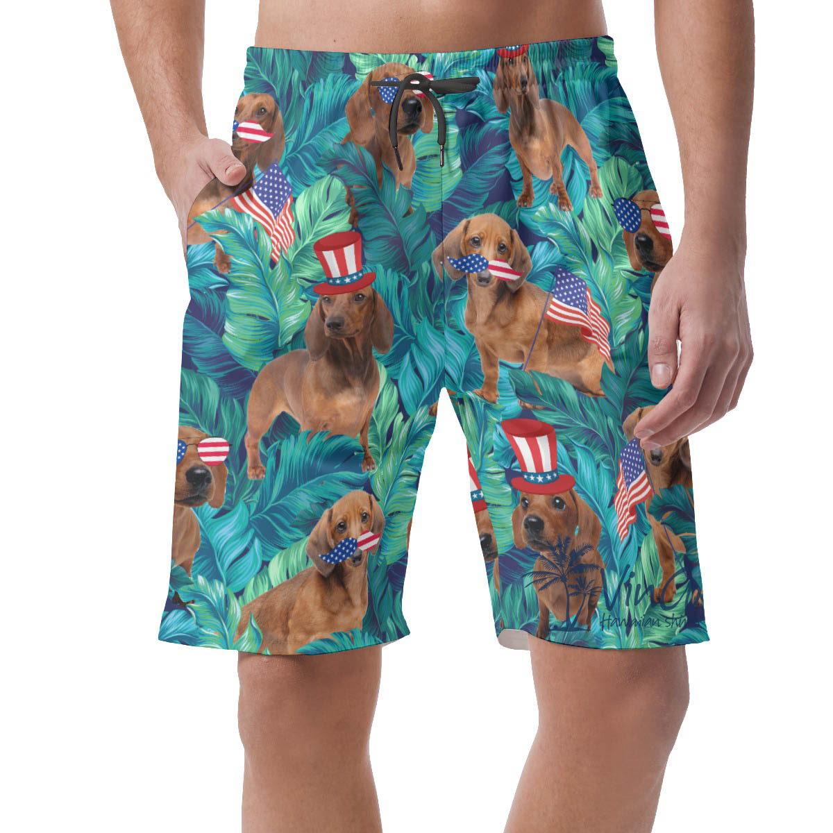 Tropical Dachshund With American Hat Patriotic Hawaiian Beach Shorts For Men - variant image 1