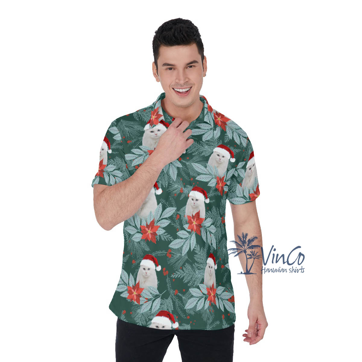 Personalize Photo Cat Face Christmas Hawaiian Polo Shirt For Men - variant image 1